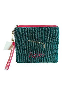 Vintage Y2k Pier 1 Imports Aries Zodiac Beaded Tassel Pouch Blue Zip Coin Purse